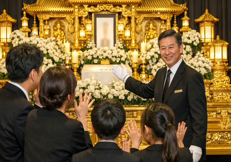 豪華な葬儀を提案する葬儀社スタッフ