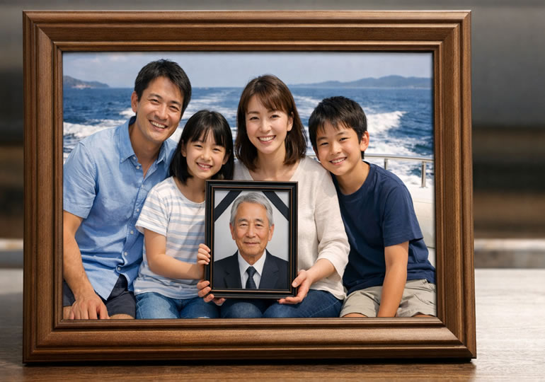 海洋散骨の記念写真を入れた写真立て