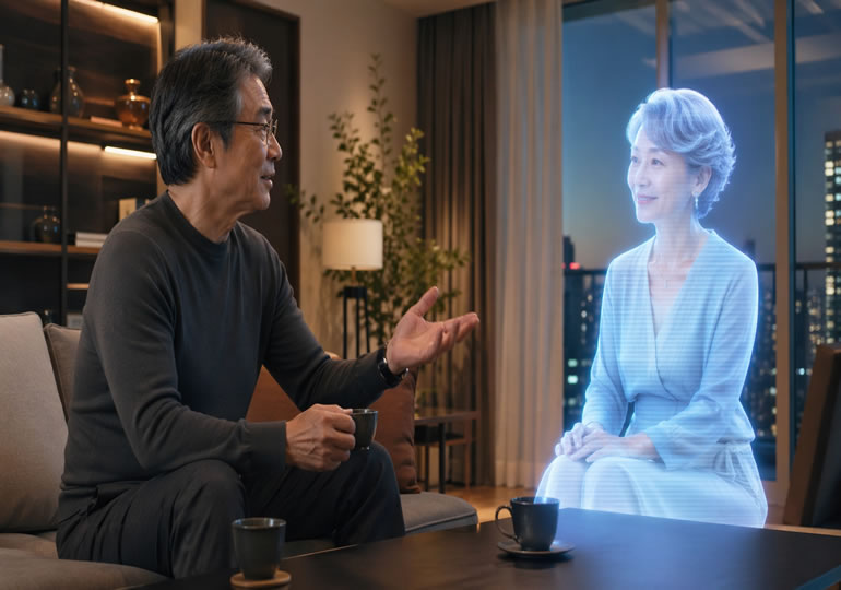 フォログラムの故人と雑談している男性