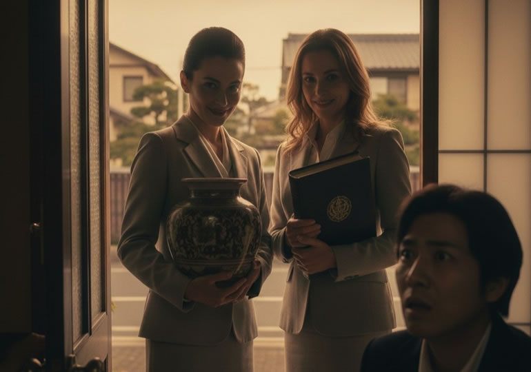 遺族に壺や本を進める二人の女性