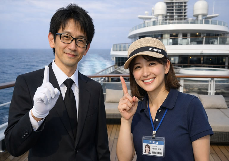 船に乗り込む葬儀社のスタッフと散骨業者のスタッフ