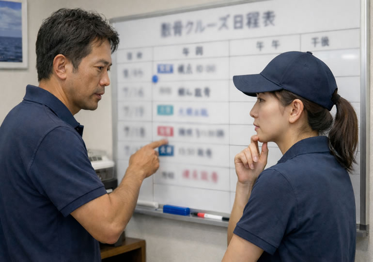 スケジュールを確認している海洋散骨業者のスタッフ