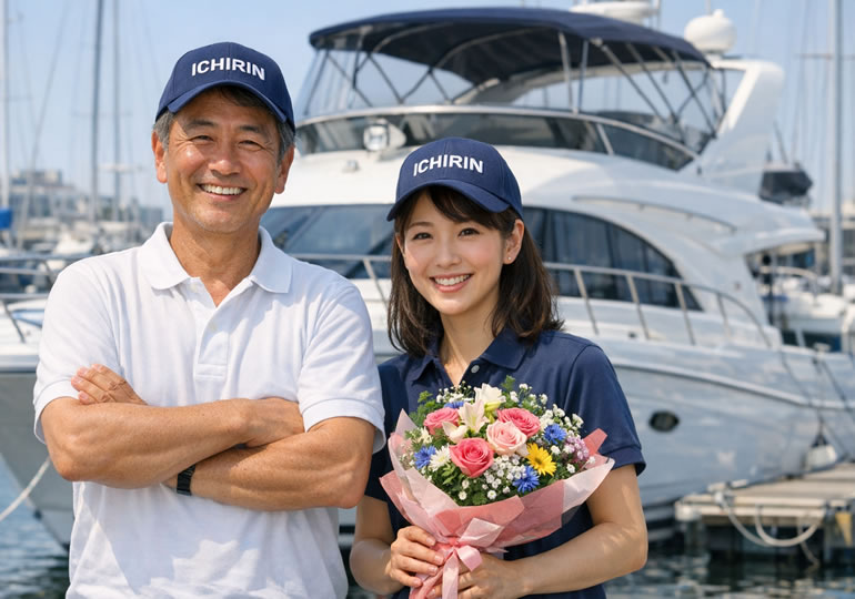 花束を持って微笑んでいる散骨業者のスタッフ