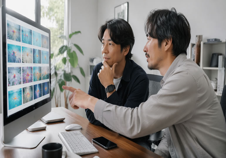 SNSに上げる散骨写真を選んでいる男性