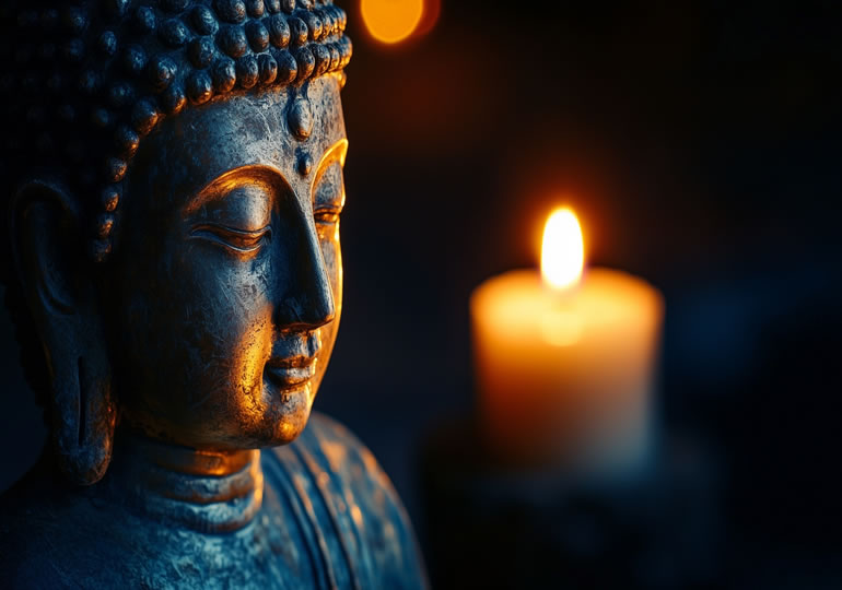 ろうそくの明かりに照らされている仏像