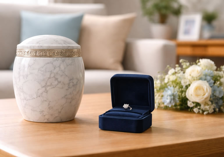 リビングに置かれた骨壺とダイヤの指輪