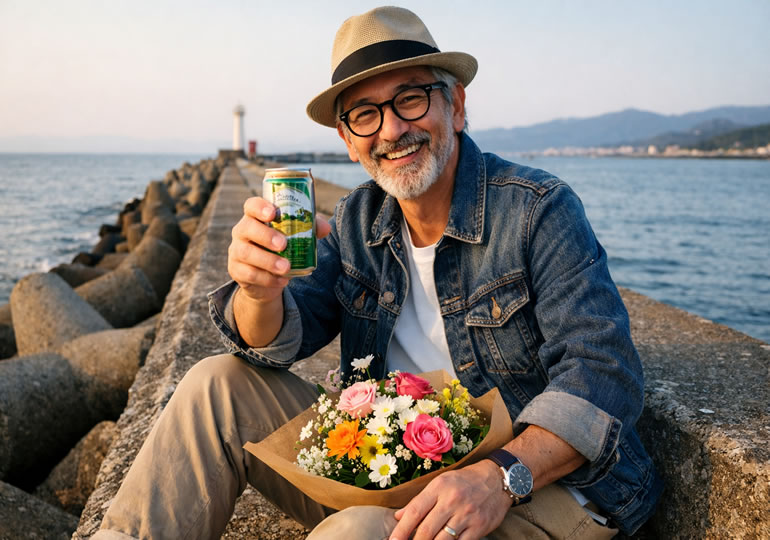 散骨を考えながら防波堤に座り花束を手にする男性