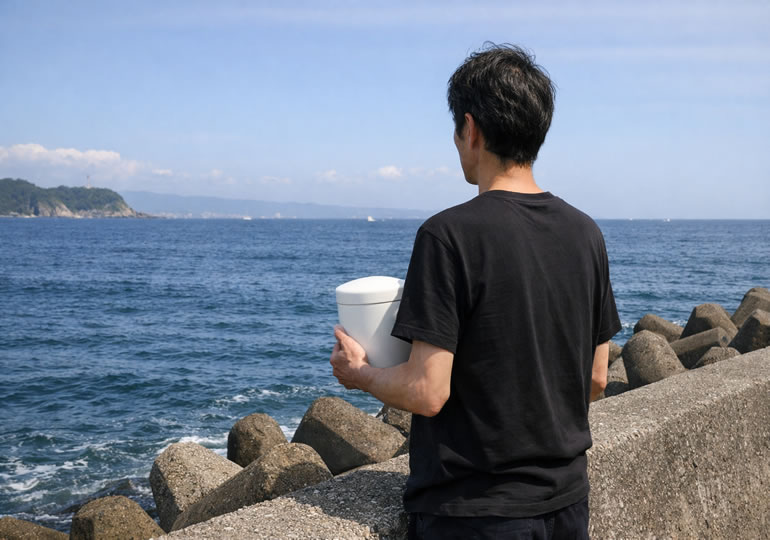 海を見つめる中年男性