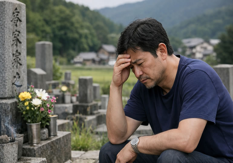 お墓の前で頭を抱える男性