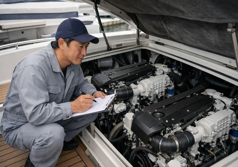 クルーザーのメンテナンスをしている男性