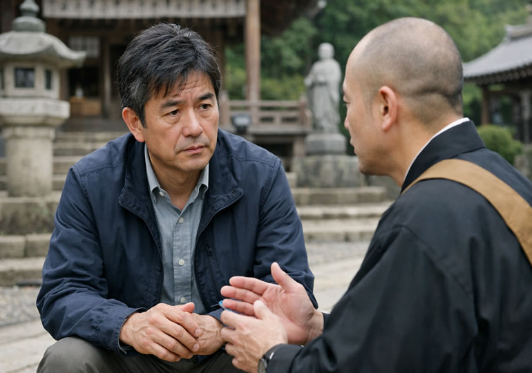 お布施の金額を相談している男性