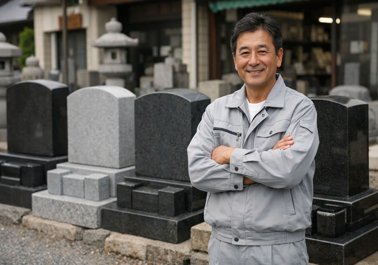 墓石の前に立っている石材店の社長