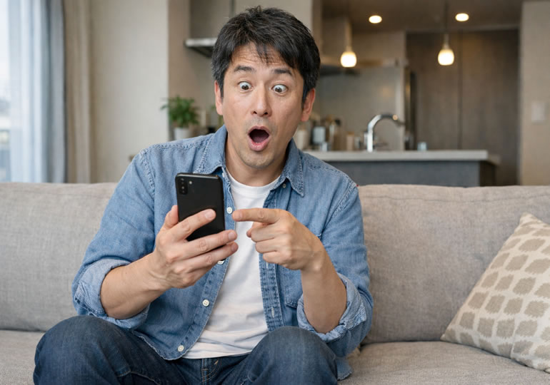 驚いた表情の男性とスマートフォン
