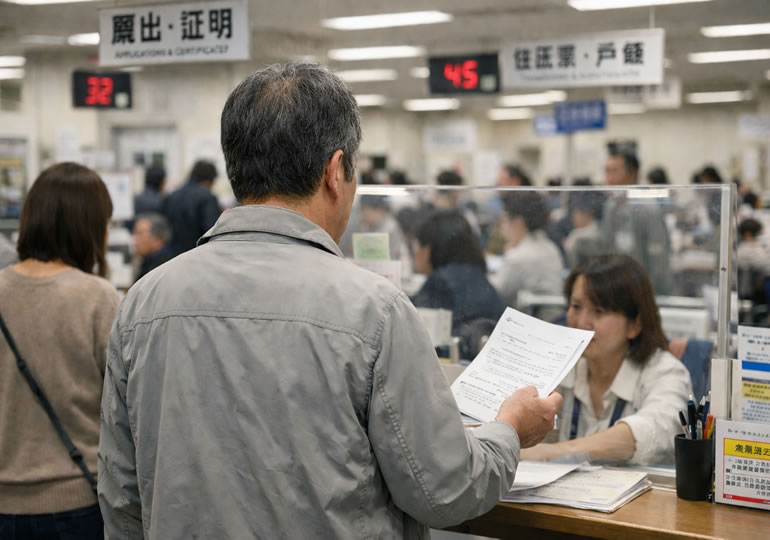 役所に死亡届を提出する男性