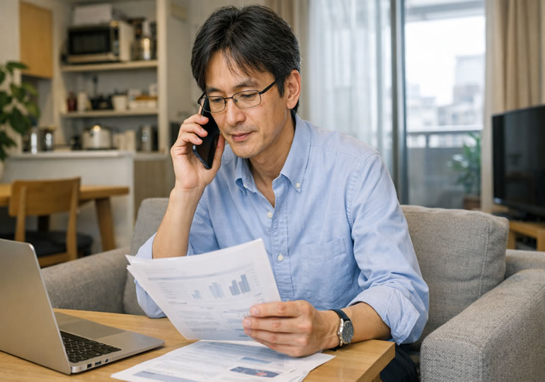 お墓の管理者に電話している男性