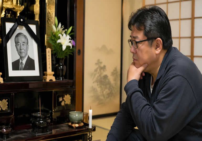 仏壇を眺めて考え込んでいる男性