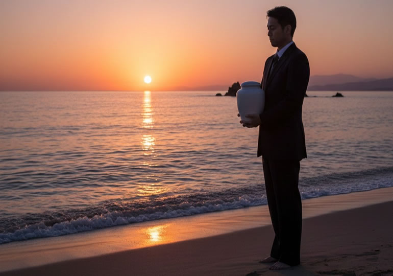 夕日の沈む水平線を見ながら骨壺を抱える散骨業者
