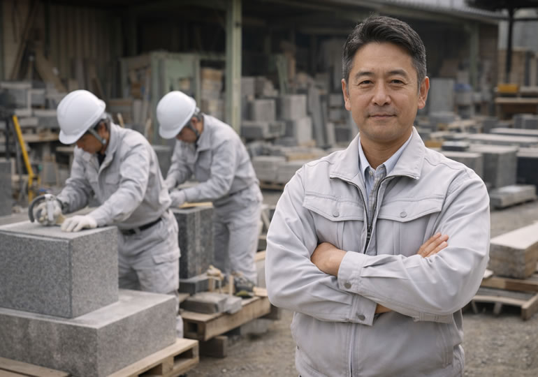 腕組をして立っている石材店の社長