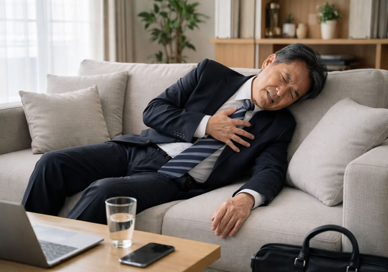 マンションの部屋で胸を抑えて苦しむ中年男性