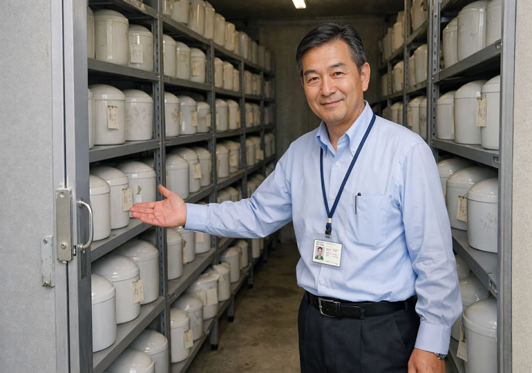 市役所の倉庫に保管されている多くの骨壺