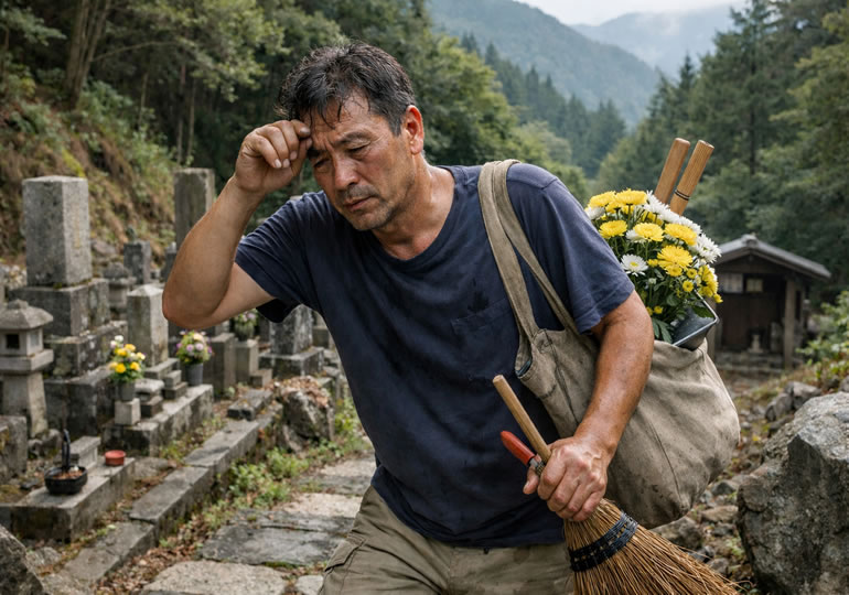 田舎の山奥にある墓参りに来た男性