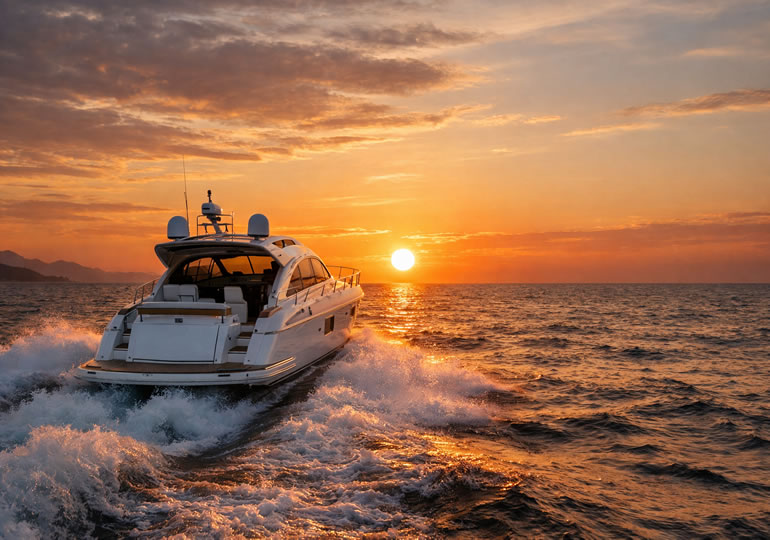 夕日に向かって航行しているクルーザー