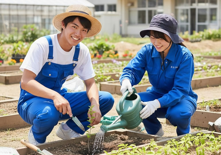 花壇の手入れをする高校生