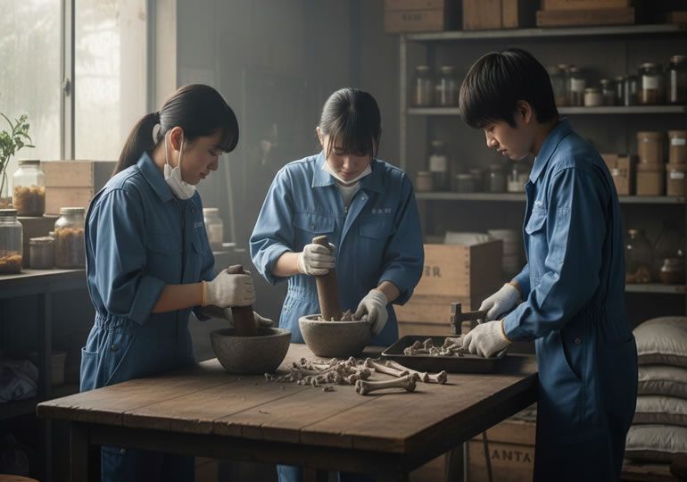 動物の骨を砕く高校生