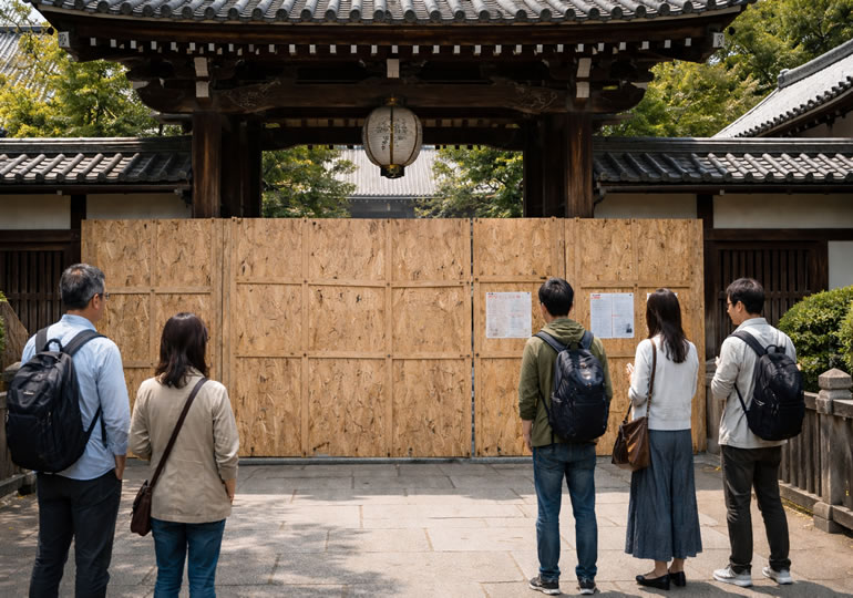 立ち入り禁止になった廃寺の入口