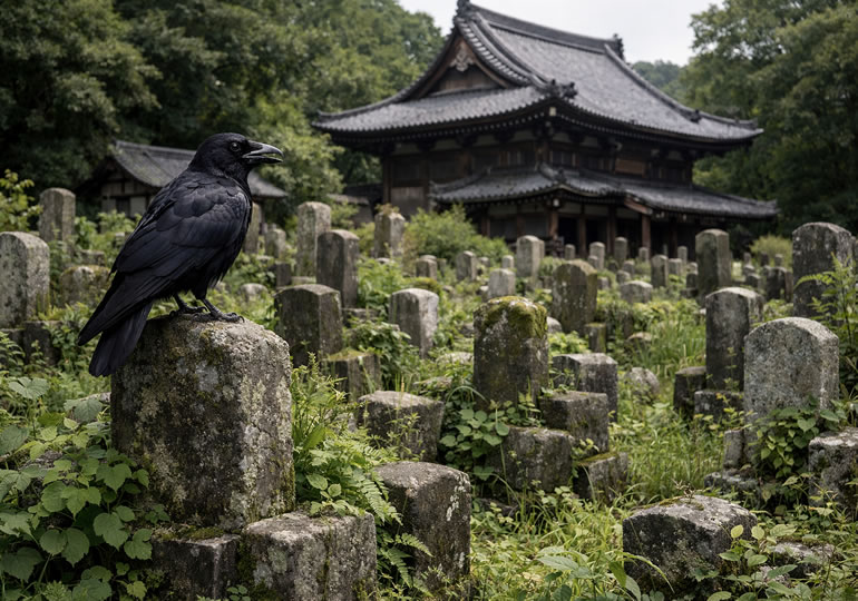 荒れた廃寺の墓石にとまっているカラス