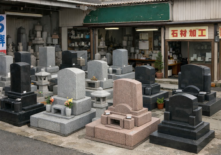 石材店の前に並んでいる墓石