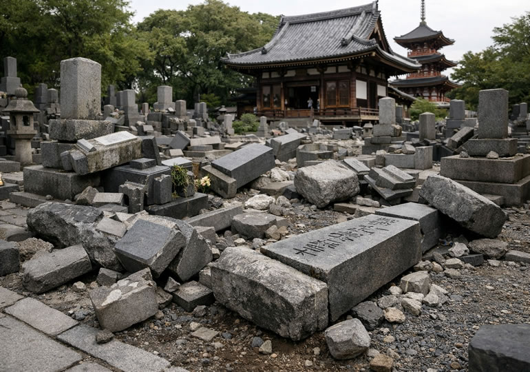 災害で倒れた墓石