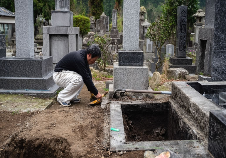 墓じまいで骨壺を取り出す男性