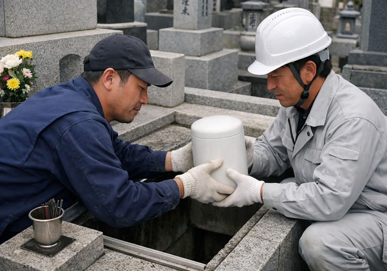 お墓から骨壺を取り出す作業着の男性