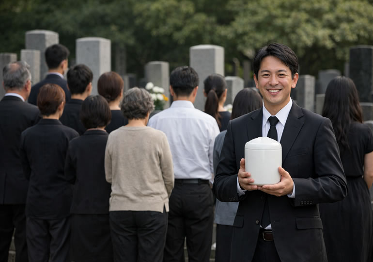 墓じまいした骨壺を持っている男性
