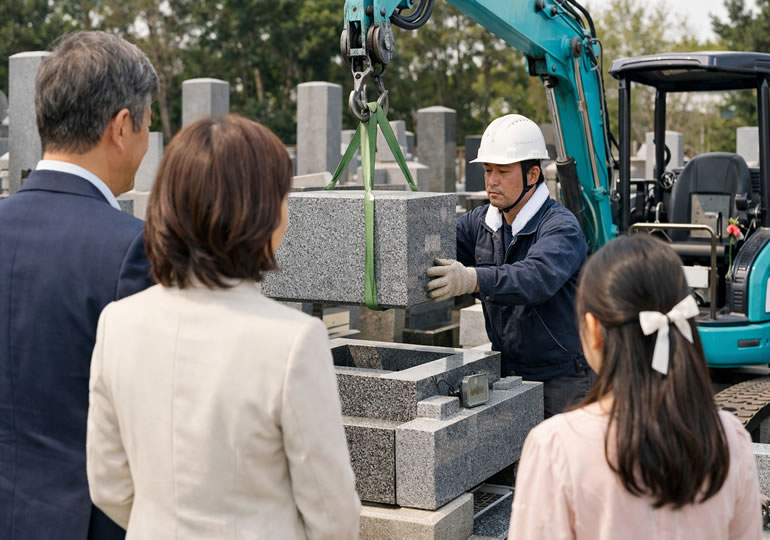 墓じまいの作業を見守る親族