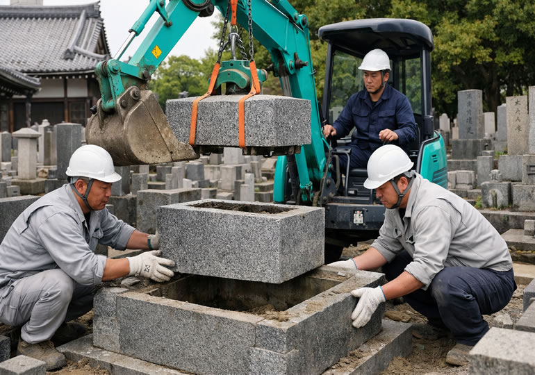 重機を使って墓じまいをしている石材店スタッフ
