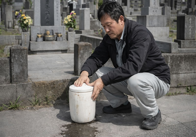 骨壺から水を抜く石材店のスタッフ