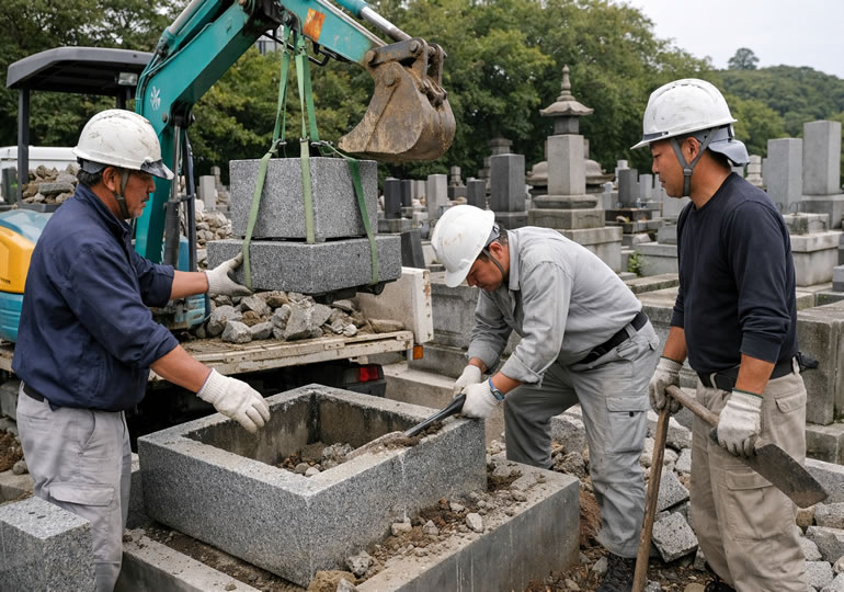 墓じまい作業をする石材店のスタッフ