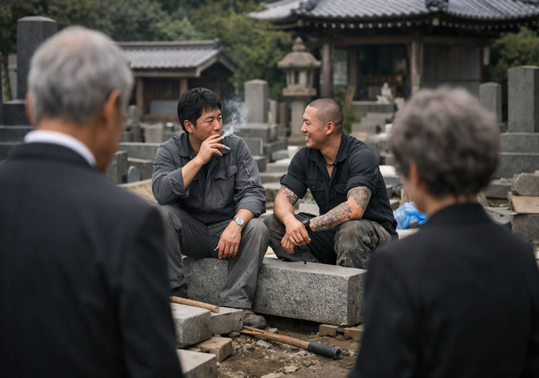 墓石に座って煙草を吸っている石材店の男性