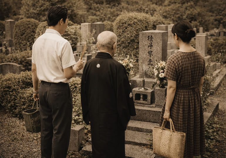 セピア色の昭和時代のお墓参りのイメージ画像