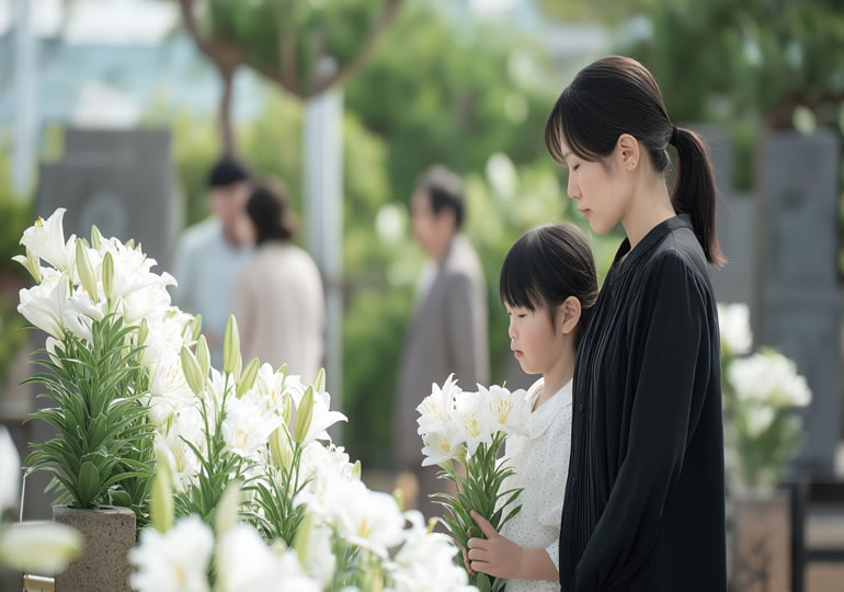 娘と墓参りに来た母親