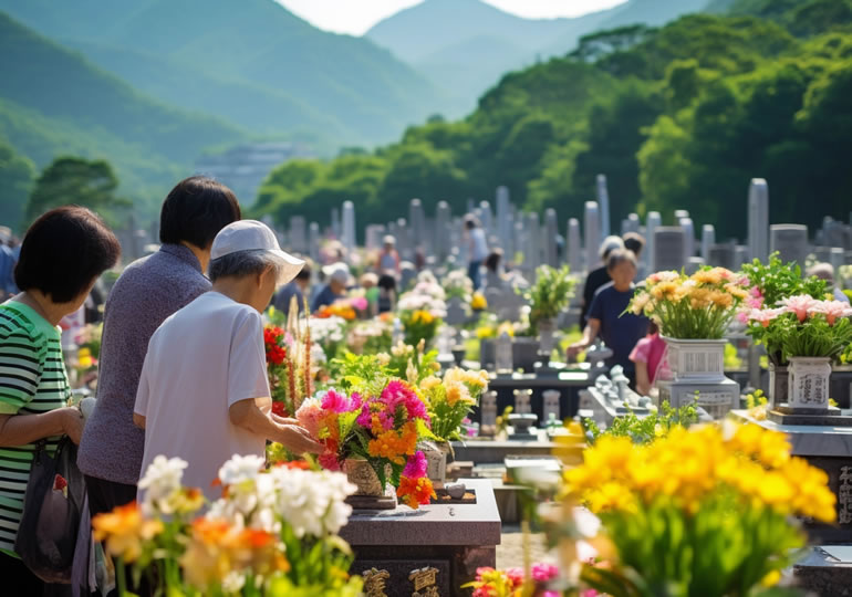 お盆に多くの人が訪れている霊園墓地