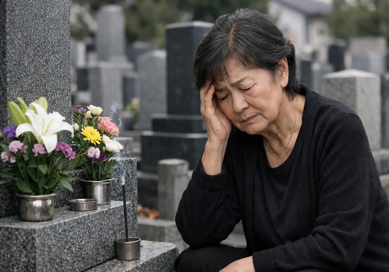 お墓の前で墓じまいに悩んでいる高齢女性