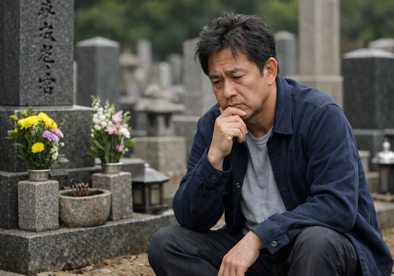 お墓の前で宗教観に悩む中年男性