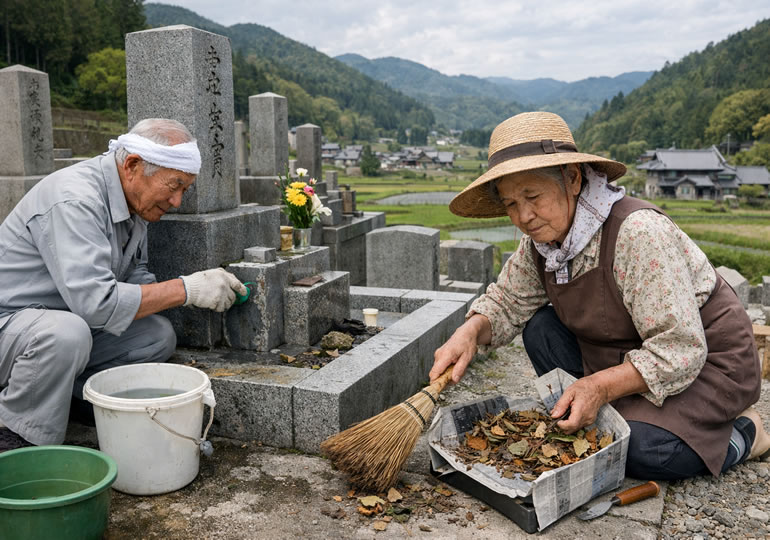 お墓の掃除をしている高齢者のイメージ画像