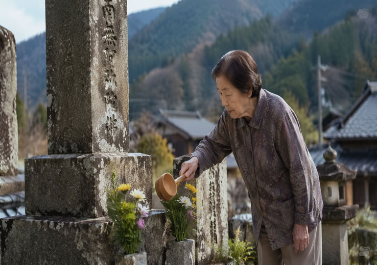 お墓の掃除をしている高齢女性