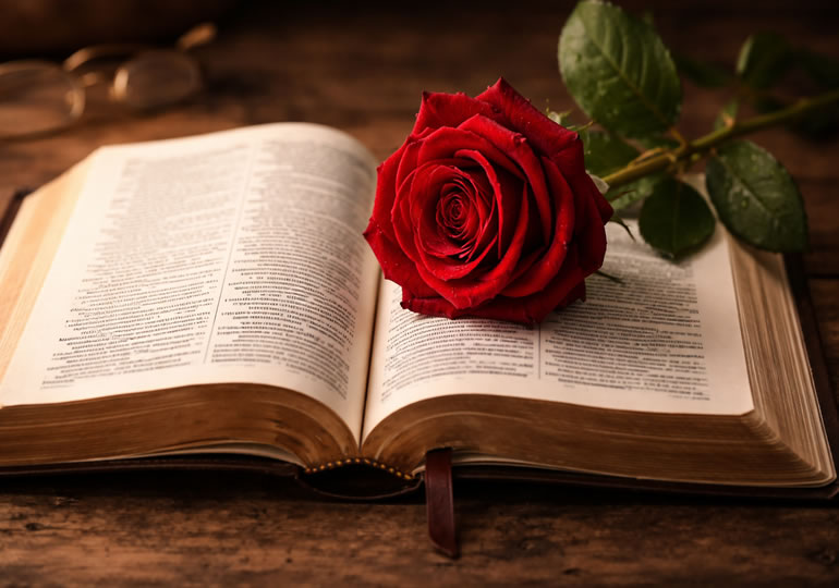 開かれた聖書と一輪のバラの花