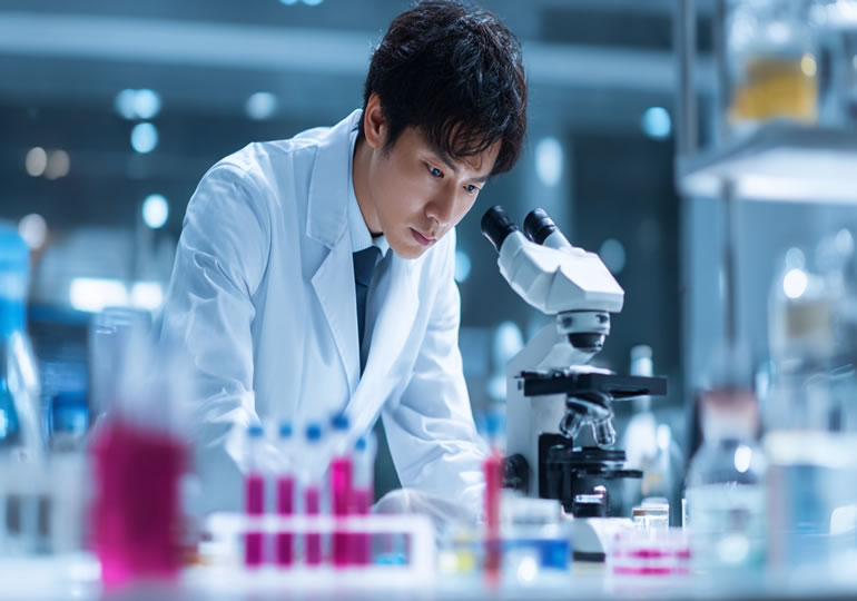 六価クロムの検査をする散骨業者の男性