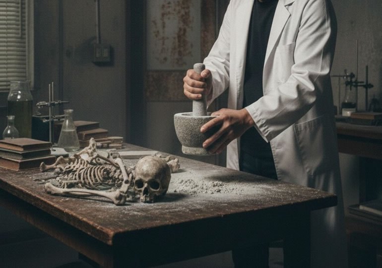 暗い部屋で粉骨する白衣の男性